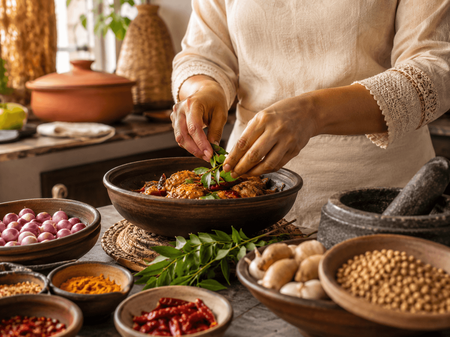 Hands finishing a Sri Lankan dish with fresh curry leaves in a warm kitchen