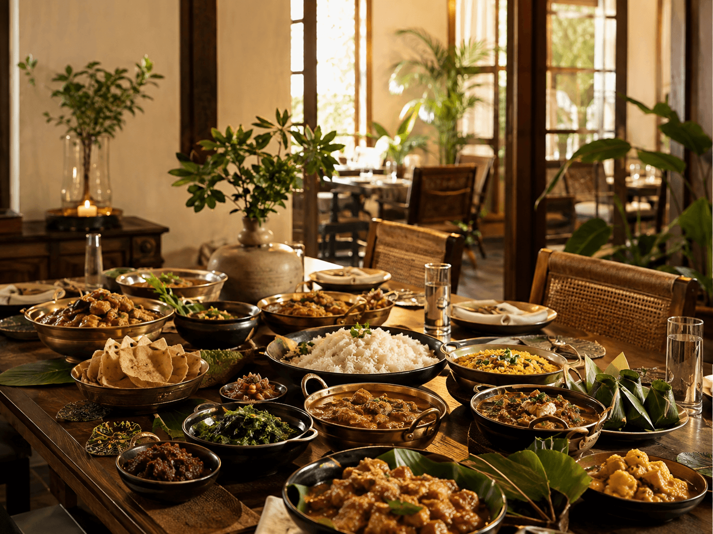 A warmly lit Sri Lankan feast arranged across a shared dining table