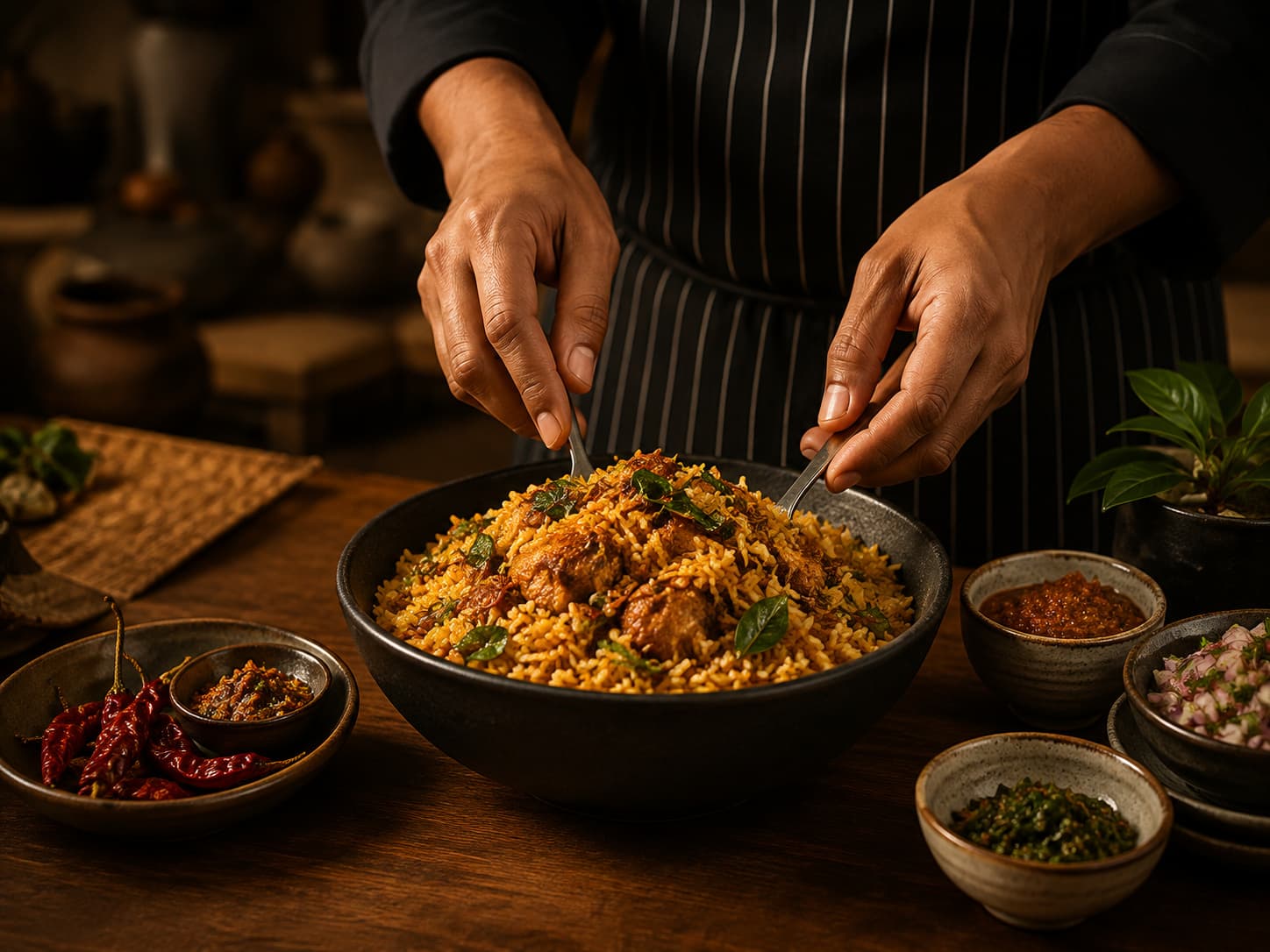 Sri Lankan biryani being prepared with accompaniments