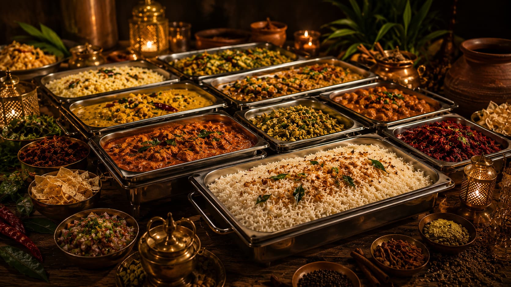 A catered buffet with rice and Sri Lankan dishes