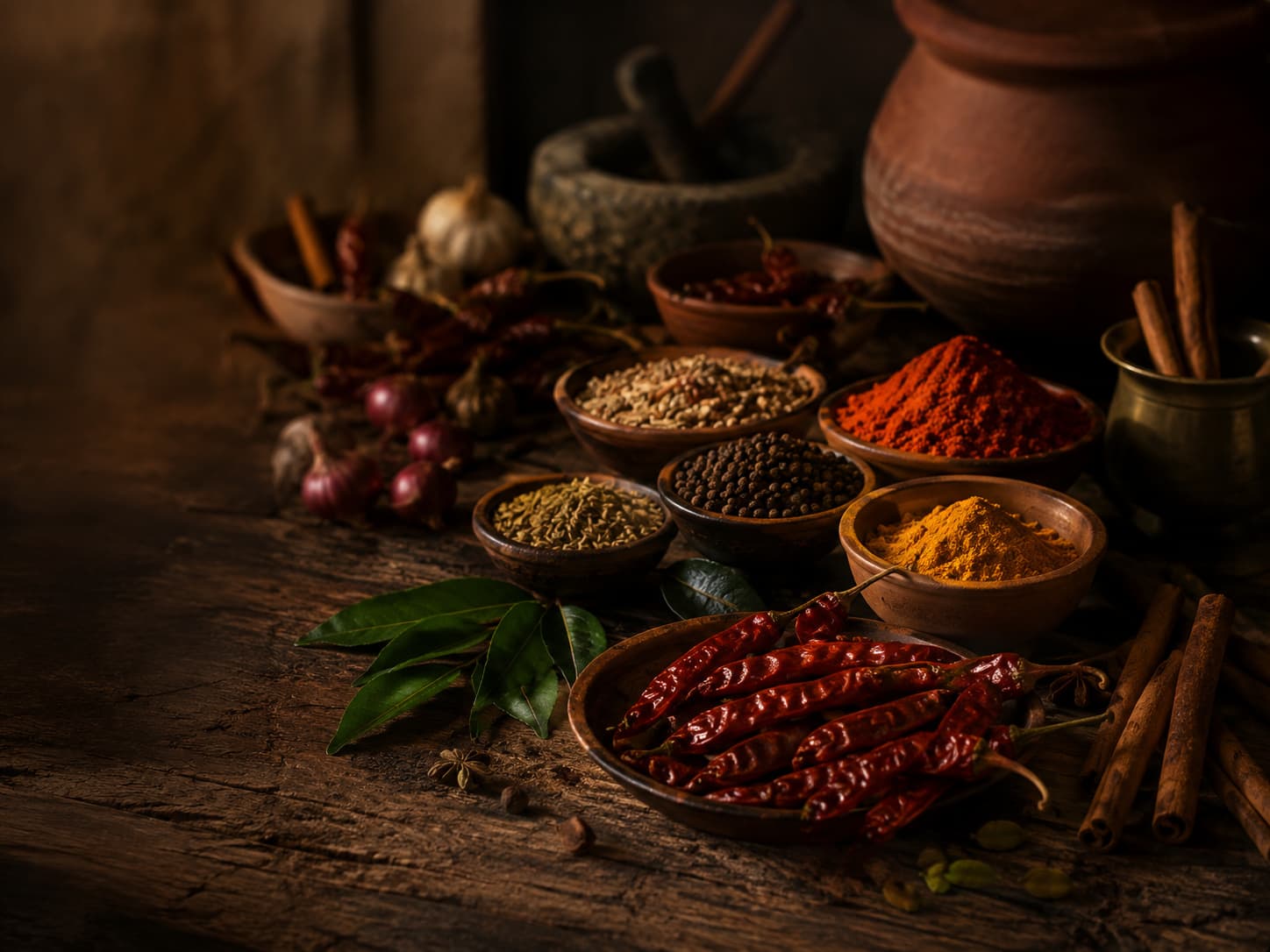 Sri Lankan spices, curry leaves, garlic, and chillies