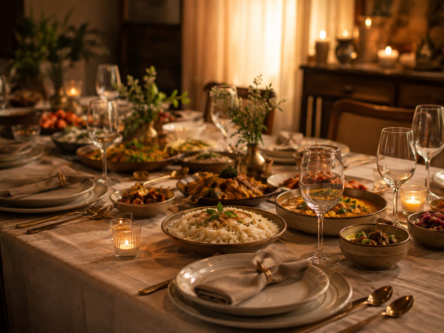 A warm table set with Sri Lankan food for a gathering