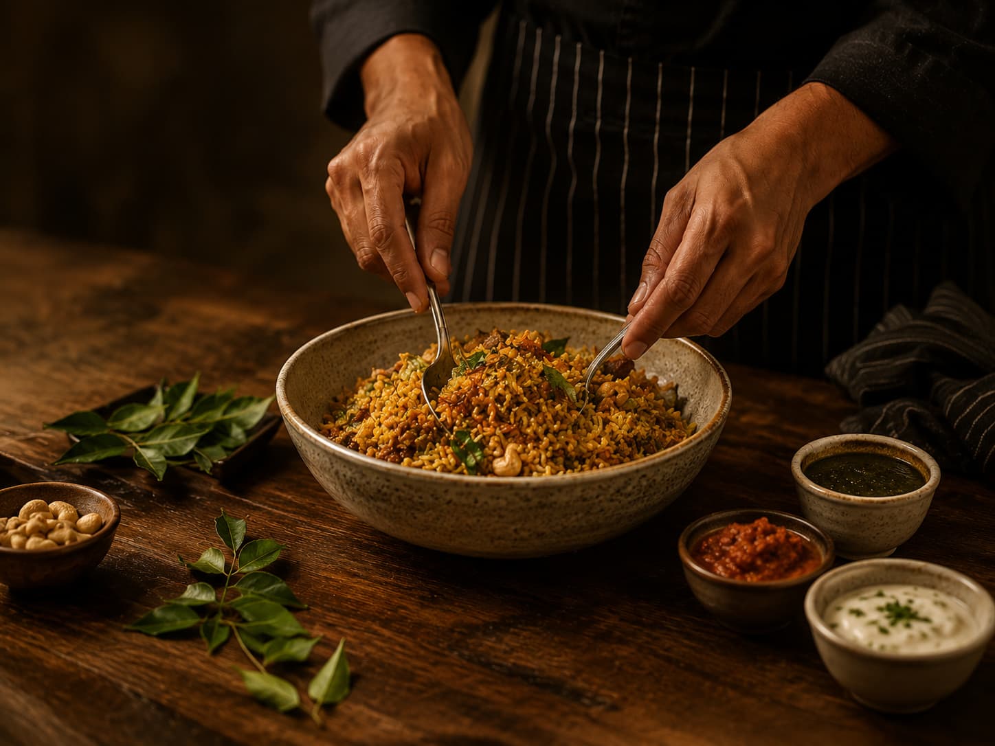 Freshly prepared rice dish being finished in the kitchen