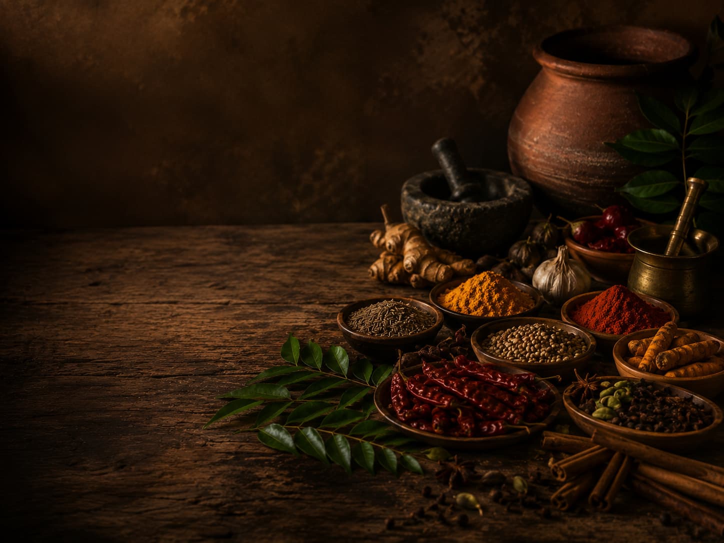 Sri Lankan spices and curry leaves arranged on a rustic table